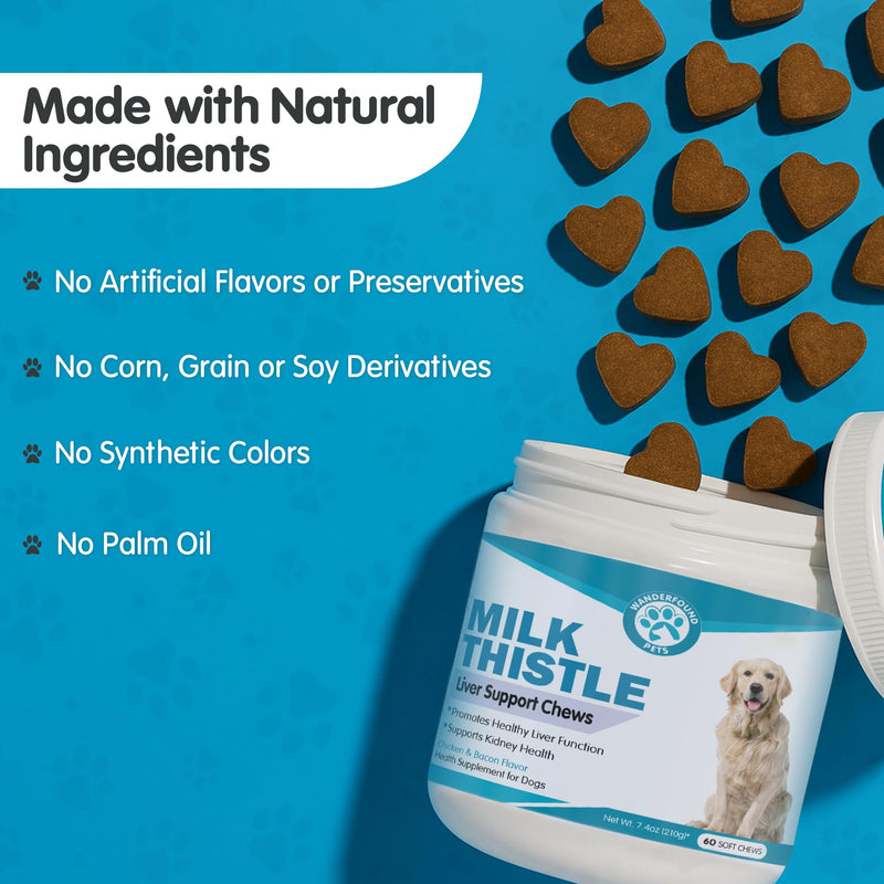 Wanderfound Pets Milk Thistle for Dogs – Tasty Salmon & Bacon Flavored Natural Liver Support for Pets – Kidney Cleanse Detox & Repair Formula Manufactured in the USA – Soft Chew Treats 60 Soft Chew Treats