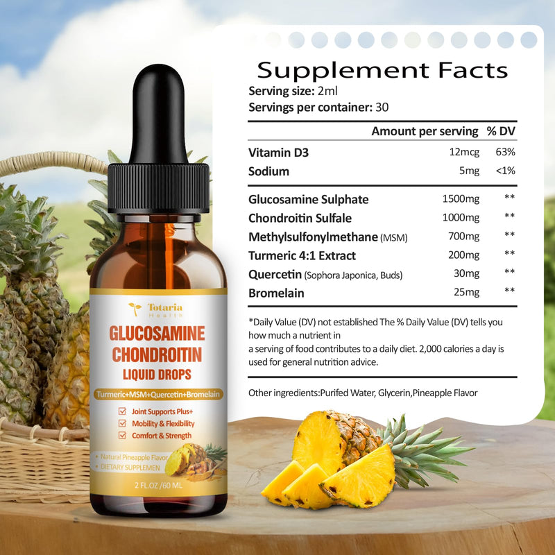 Glucosamine Chondroitin MSM Liquid Drops, Vitamin D3 - Joint Support Supplement for Mobility, Flexibility & Bones Chondroitin Sulfate Supplement Turmeric, Quercetin, Bromelain, MSM Oil 2 FL.OZ 2 Fl Oz (Pack of 1)
