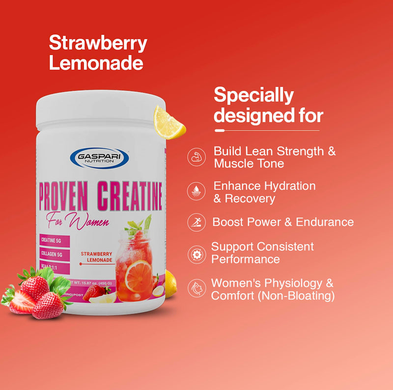 Gaspari Nutrition Proven Creatine for Women, 5g of Creatine, 5g of Collagen, Vitamin C and Collagen, Clean, Natural Formula, Electrolytes for Hydration (30 Servings, Strawberry Lemonade) 15.86 Ounce (Pack of 1)