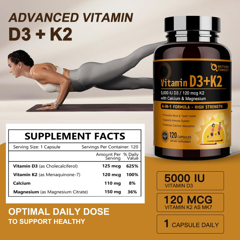 NATURE TARGET Vitamin D3 K2 with Calcium & Magnesium, 120 Count | Max Strength 4-in-1 Formula, 5000 IU Vitamin D3 and 120 mcg Vitamin K2, for Bone, Heart, and Immune Support 120 Count (Pack of 1)