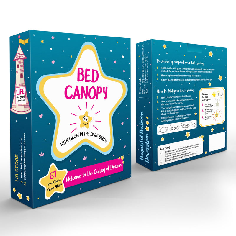 Blue Canopy for Girls Bed with Pre-Glued Glow in The Dark Stars - Princess Mosquito Net Room Decor - Kids & Baby Bedroom Tent with Galaxy Lights - 1 Opening Canopy Bed & Hanging Kit Included Stars Yellow - Blue Netting - BeesActive Australia