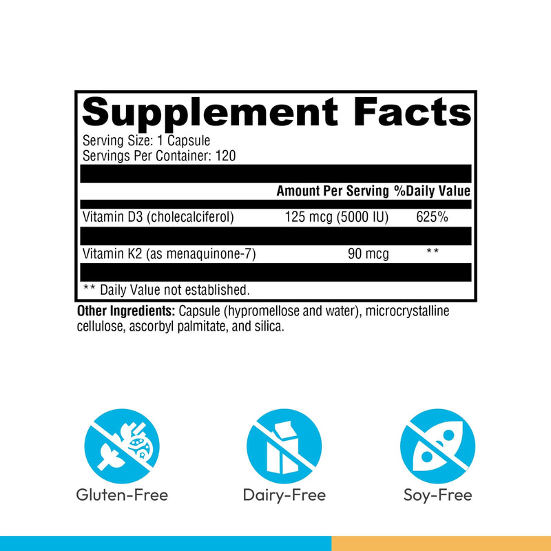 XYMOGEN K2-D3 5000, 120 Capsules | Vitamin D3 K2 Supplement for Immune, Bone, and Cardiovascular Support,* Non-GMO, Gluten-Free, Vegetarian Unflavored 120 Count (Pack of 1)
