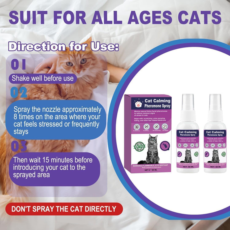 Cat Calming Spray with Pheromones – Anxiety & Stress Relief for Cats – Reduce Scratching Furniture, Urine Marking & Aggression – Calming Aid for Travel, Vet Visits & Home – 60-Day Supply (2 × 60 mL) Transparent