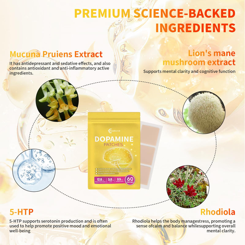 Dopamine Patches for Women Men, Upgraded Formulas with Mucuna Pruriens, 5-HTP, Lion's Mane Mushroom, Rhodiola,Support Dopamine & Serotonin Balance,Mental Health,60 Vegan Patches