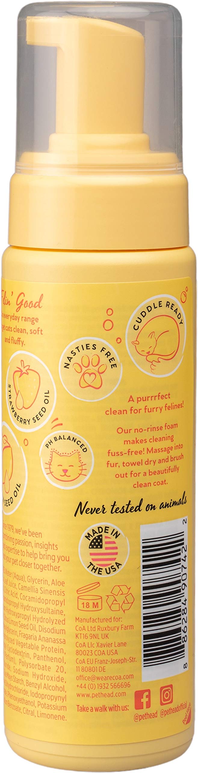 PET HEAD Felin’ Good Foam Shampoo for Cats 6.7 fl. oz. Fruity Scent. No-rinse and Quick-drying Cat Shampoo. Hypoallergenic with Natural & Vegan Ingredients. Gentle Formula for Kittens. Made in USA - BeesActive Australia