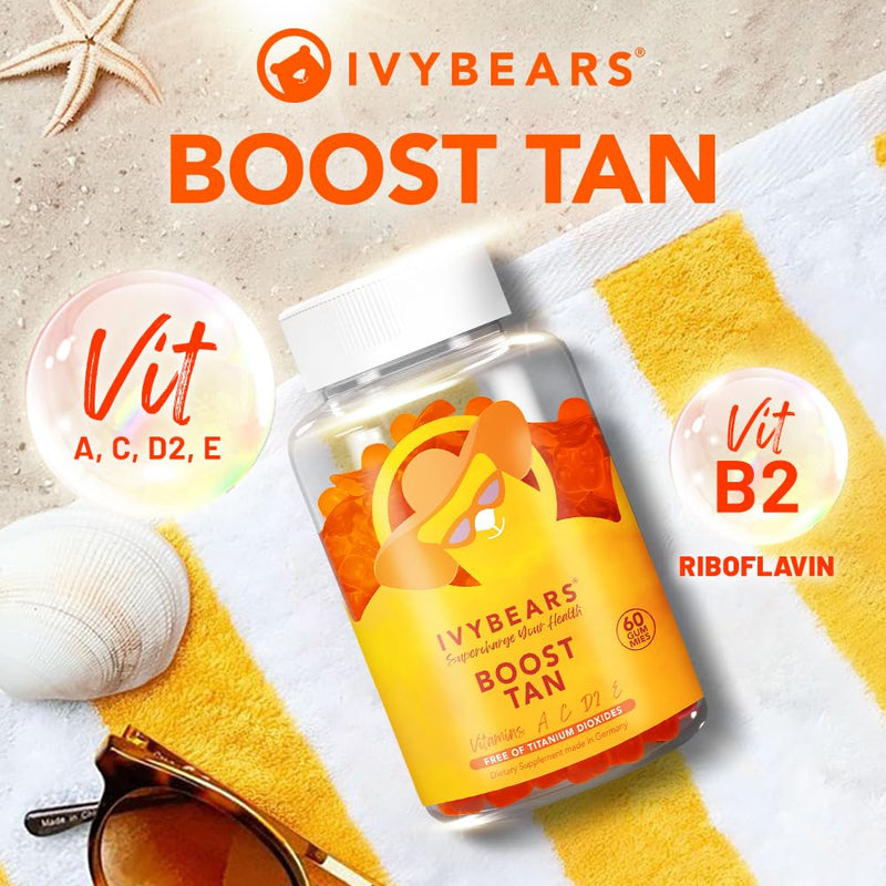 Glow Tanning Gummies - Beta Carotene, Vitamin A, C, D2 & E - [AI Tanning Specialist ADA] Supports Healthy Tan & Glow - Vegan & Made in Germany - Pack of 60 - Boost Tan