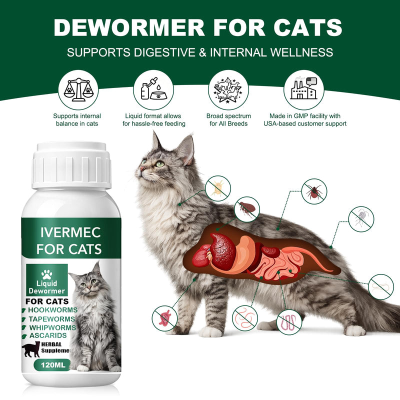 Cat Dewormer Liquid,Dewormer for Cats Broad Spectrum for Tapeworms, Roundworms & Hookworms, Promotes Digestive Comfort & Daily Balance