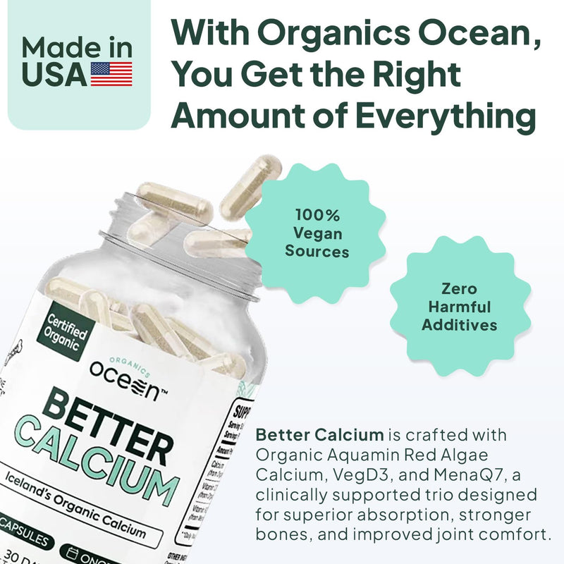 Organics Ocean Better Calcium - Organic Red Algae Calcium with Vitamin D3 and K2 Supplements - Supports Bone Structure, Joint Comfort & Encourages Healthy Aging - Plant-Based, Non-GMO - 1 Pack 60 Count (Pack of 1)