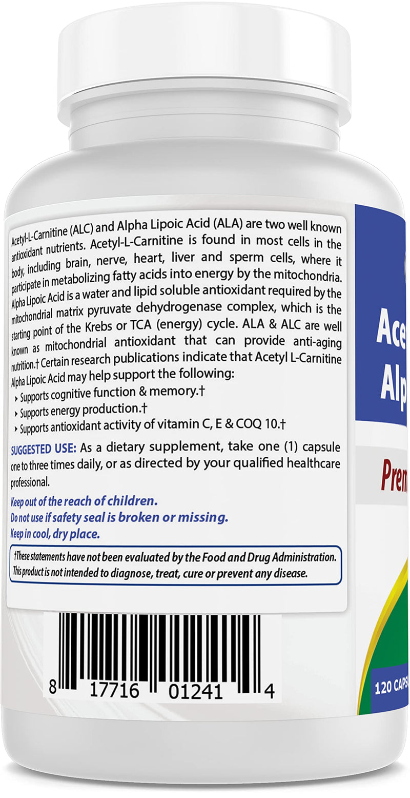 Best Naturals Acetyl L-Carnitine and Alpha Lipoic Acid 750 mg 120 Capsules (120 Count (Pack of 2)) 120 Count (Pack of 2) - BeesActive Australia