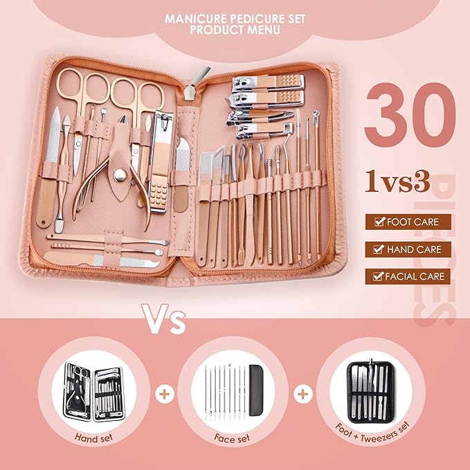 Nail Clipper Set, 30 Pieces, Grooming Set, Manicure Set, Nail Care Set, Multifunctional, Made of Stainless Steel, Convenient to Carry, Includes Special Storage Case [Pink] - BeesActive Australia