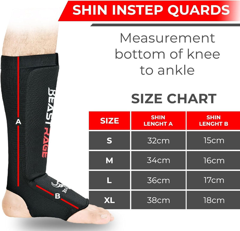 BEAST RAGE Shin Guards for Muay Thai, Kickboxing, MMA Leg Guards Martial Arts Taekwondo, Boxing, Elasticated Sock Padded Leg Instep Pads, Shin Pads,Sparring Training, Karate BJJ BLACK Medium