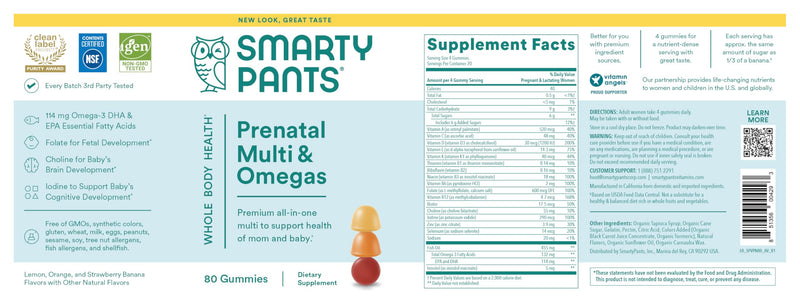 SmartyPants Prenatal Vitamins for Women, Multivitamin Gummies: Omega 3 Fish Oil (EPA/DHA), Biotin, Methylfolate, Vitamin D3, C, Vitamin B12, B6, A, K & Zinc, Inositol, 80 Count (20 Day Supply) 20 servings, 80 Count Discontinued - 20 Day Supply