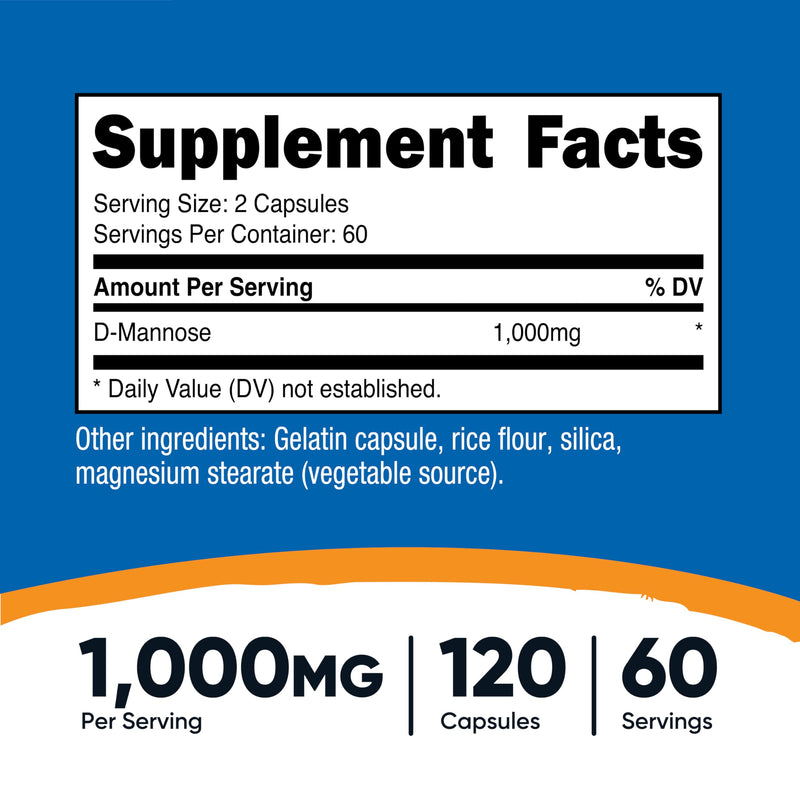 Nutricost D-Mannose (1,000mg Per Serving) 120 Capsules, 60 Servings | 500mg Per Capsule, Urinary Tract Health, GMO-Free, Gluten-Free 120 Count (Pack of 1)
