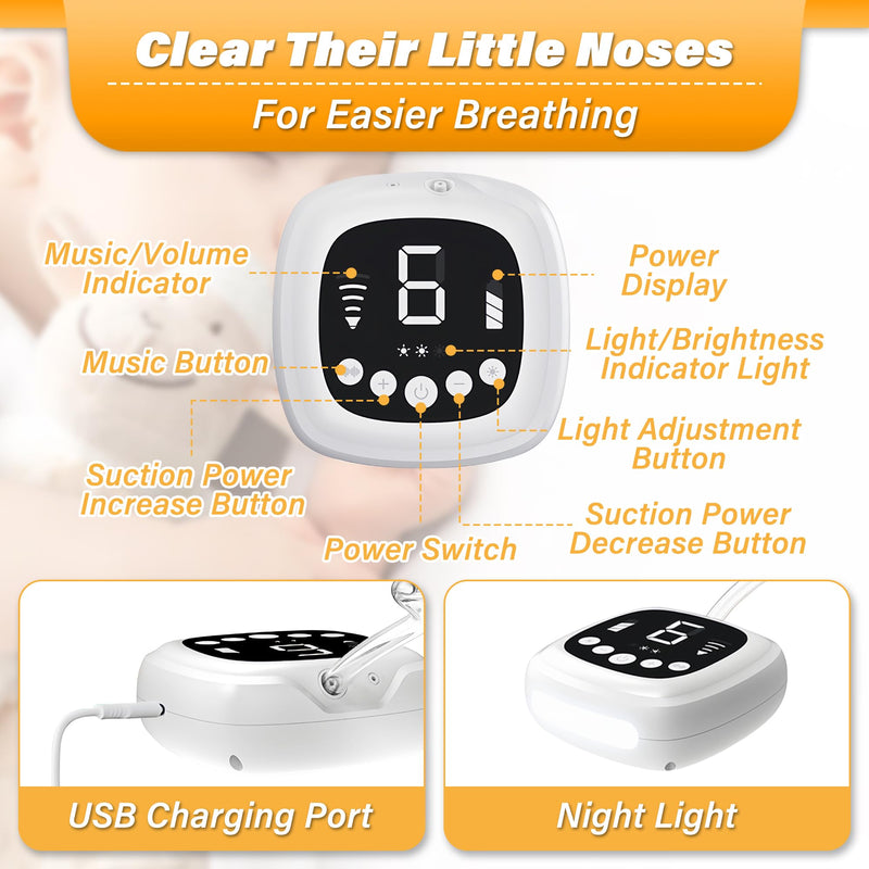 TopQuaFocus Electric Baby Nasal Aspirator, Nose Sucker for Toddler, 9 Levels Suction Power for Children's Nasal Cleans, Soothing Night Light and Nursery Rhyme, 5 Silicone Tips - BeesActive Australia