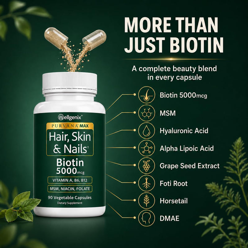 Wellgenix Purvana MAX Hair Skin & Nails Vitamins, Biotin 5000mcg, 90 Count | Biotin, MSM & hyaluronic acid in vegetable capsules for thicker, fuller hair, stronger nails & a clearer, radiant complexion 90 Count (Pack of 1)
