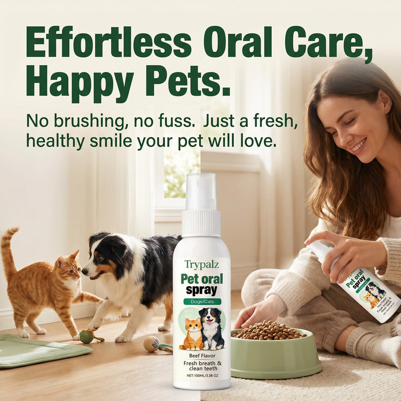Halpilt Pet Oral Tartar Remover Spray, Trypalz Dentaclean Spray for Dogs & Cat, Plaque & Tartar Remover, Supports Fresh Breath & Clean Teeth, Eliminates Bad Breath for Healthy Gums, Beef Flavor (1) 1
