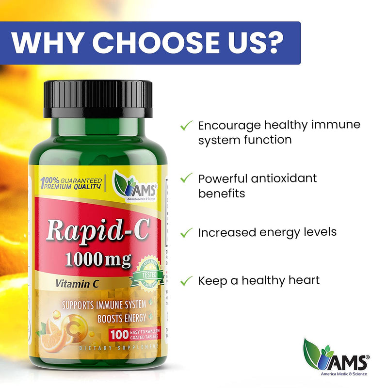 America Medic & Science Rapid-C 1000mg Vitamin C Supplement (3 Pack of 100 Tablets) Energy Booster, Daily Immune System Support, Antioxidant | Vegan, Non-GMO Coated Ascorbic Acid for Adult Men & Women 100 Count (Pack of 3)
