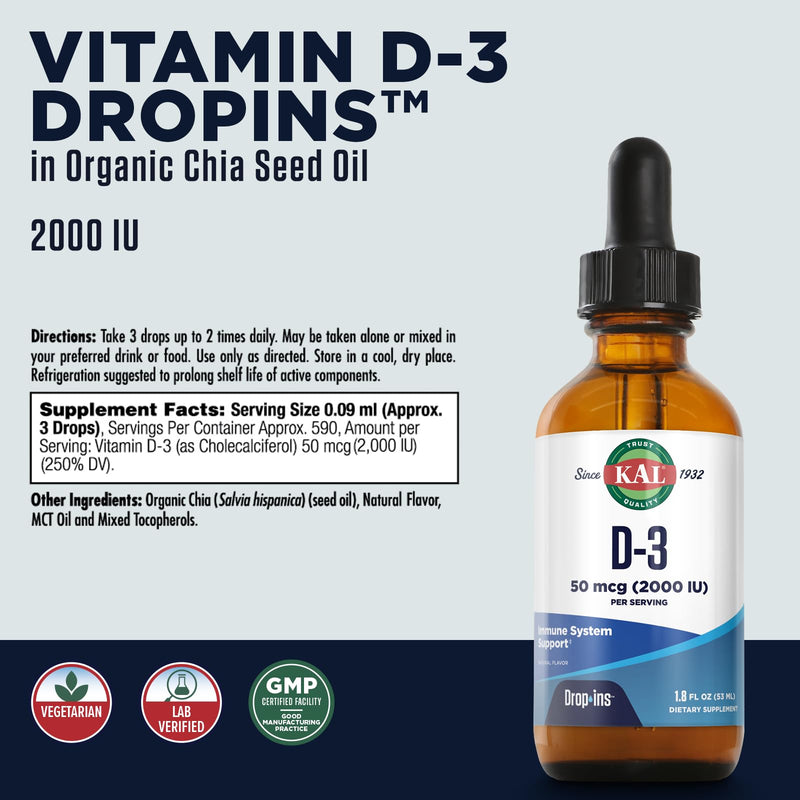 KAL Vitamin D3 2000 IU (50 mcg) DropIns - Liquid Vitamin D3 Drops - Bone Strength and Immune Support Supplement - Vegetarian, 60-Day Guarantee, Approx. 590 Servings, 1.8oz | Bone Strength and Immune Support, Vegetarian, 60-Day Guarantee, Approx. 590 Se...