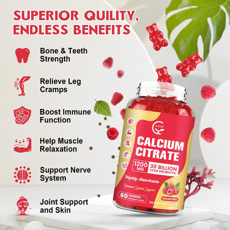 (3 Pack) Sugar Free Calcium Citrate Gummies 1200 mg with Vitamin d3, K2, Magnesium, Zinc for Bone, Muscle & Immune Support, High Absorption Calcium Supplement for Women, Raspberry Flavor, 60 Chews 60 Count (Pack of 3)