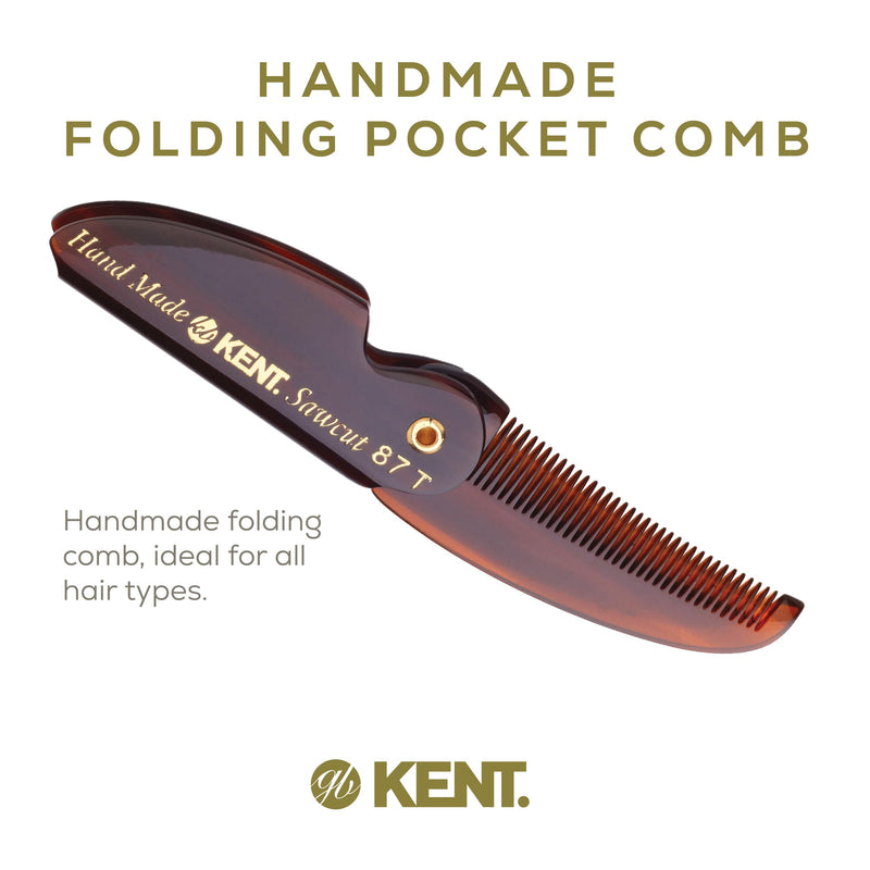 Kent 87T Handmade Folding Pocket Comb for Men, Fine Tooth Hair Comb Straightener for Everyday Grooming Styling Hair, Beard or Mustache, Use Dry or with Balms, Saw Cut Hand Polished, Made in England Pack of 3 Tortoiseshell