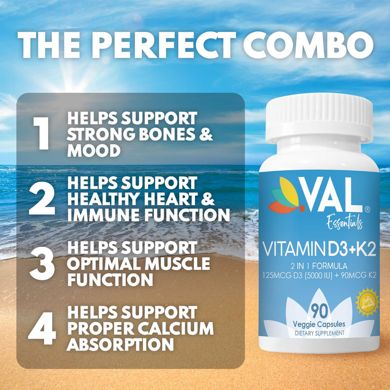 VAL Vitamin D3 + K2 (MK-7) 5000 IU & 90 mcg – Bone & Heart Health Support – High Potency, Non-GMO, Easy to Swallow – 90 Vegan Capsules – D3 K2 Supplement Made in USA 90 Count (Pack of 1)
