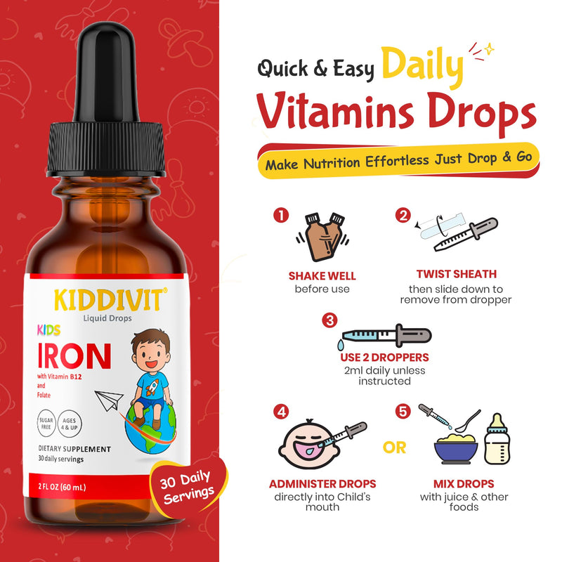 Iron Kids Liquid Drops with Vitamin B12 & Folate – 30 Daily Servings, 2 FL OZ (60 mL) – Gentle Formula, Sugar Free, Gluten Free, Vegetarian