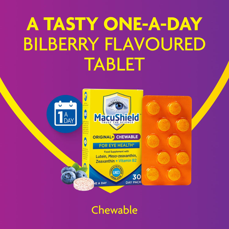 Macushield Original Chewable, 30 Tablets, 30 g | Helps maintain normal vision, Lutein, zeaxanthin and meso-zeaxanthin, Vitamin B2 riboflavin, Bilberry flavour