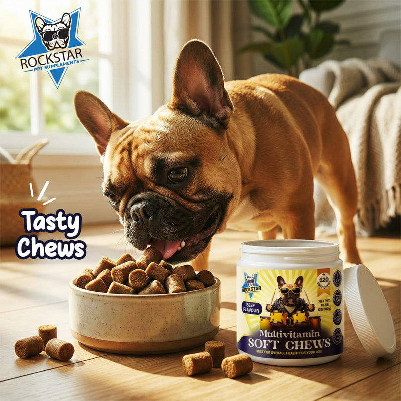Multivitamin Soft Chews for Dogs | Beef Flavour | Daily Hip & Joint, Skin & Coat, Gut Health Support with Glucosamine, Probiotics, Vitamins & Omega-3 | All-in-One Supplement.