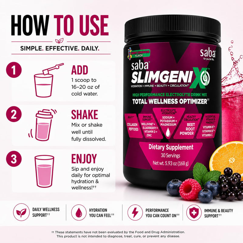 Saba SlimGenix IQ Electrolyte Powder Drink Mix – Hydration + Immune Support with Wellmune, Vitamin C & Zinc | Energy, Recovery & Daily Hydration | Berry Lemonade | 30 Servings
