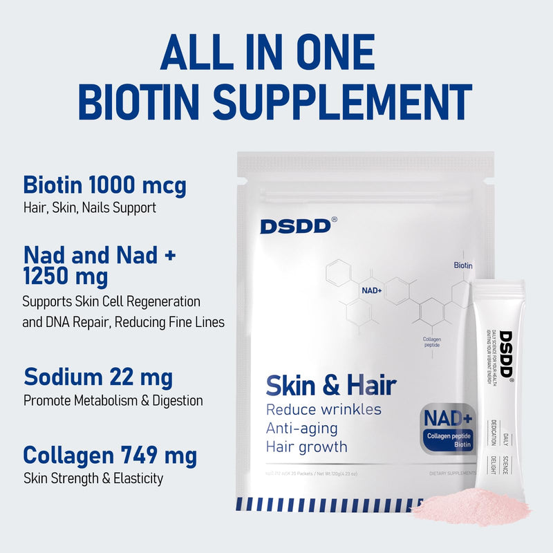 Biotin Supplement for Supports Healthy Hair, Skin & Nails, Hair Growth Vitamins for Women & Men with 1000mcg Biotin, 1000mg NAD+, Collagen, Sodium, Non-GMO & No Gluten 20 Servings 4.23 Ounce (Pack of 1)