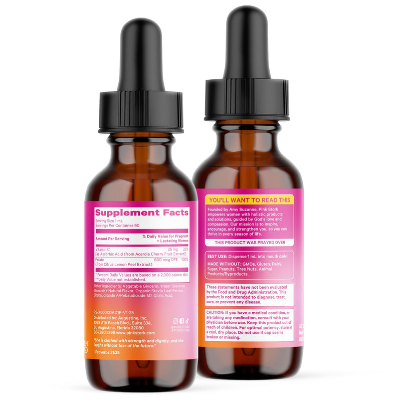 Pink Stork Liquid Folate Drops, 5-MTHF Methylfolate B9 Vitamin, 2 fl oz | Bioavailable Folate | Liquid Folic Acid Alternative for Women | Prenatal Folate | Non-GMO, Vegan | 2 Month Supply
