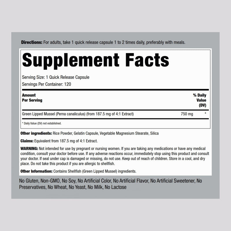 Piping Rock Green Lipped Mussel | 120 Capsules | Supplement for Humans | Freeze Dried from New Zealand | Non-GMO, Gluten Free 120 Count (Pack of 1)