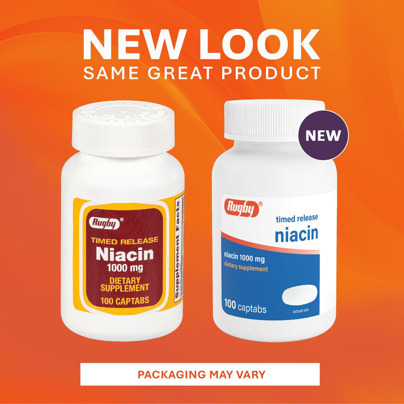 Rugby Timed-Release Niacin 1000mg Captabs for Adults, 100 Count (1-Pack) | Dietary Supplement for Energy, Circulation and Metabolism Support, Controlled Release to Help Minimize Flushing 100 Count (Pack of 1)