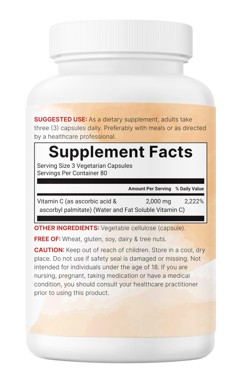 Pure Vitamin C 2,000mg, 240 Veggie Capsules | Highly Bioavailable Fat & Water Soluble Forms | Max Potency | Antioxidant & Immune Support Supplement | Easily Absorbed, Non-GMO, Filler Free