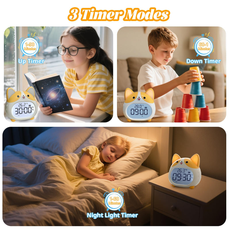 AVEKI Alarm Clocks for Kids - Cute Dog Clock with Night Light, 6 Alarm Tones, Snooze, Timer, Date and Temperature Display - Rechargeable Battery Operated Digital Clocks for Bedroom Kids Room (Corgi) Corgi