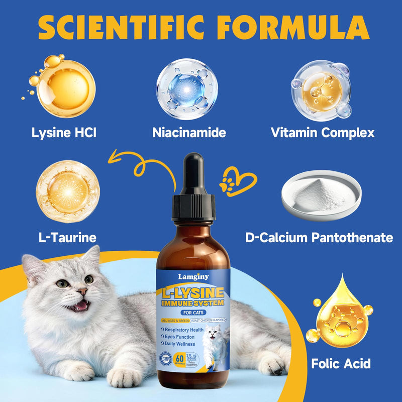 L-Lysine for Cats - Lysine Drops for Cats - Immune Support Supplement with L-Taurine, Vitamins - Feline Respiratory Health, Sneezing, Runny Nose,Eye Function - Roast Chicken Flavor, 2 fl oz