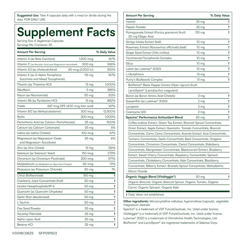 Purity Products Perfect Multi Super Greens Dietary Supplement Health Nutrition, 120 count | Phytonutrients with 3600+ ORAC Antioxidant Power, 2000 IU of Vitamin D, Folic Acid, Health Nutrition, 120 count