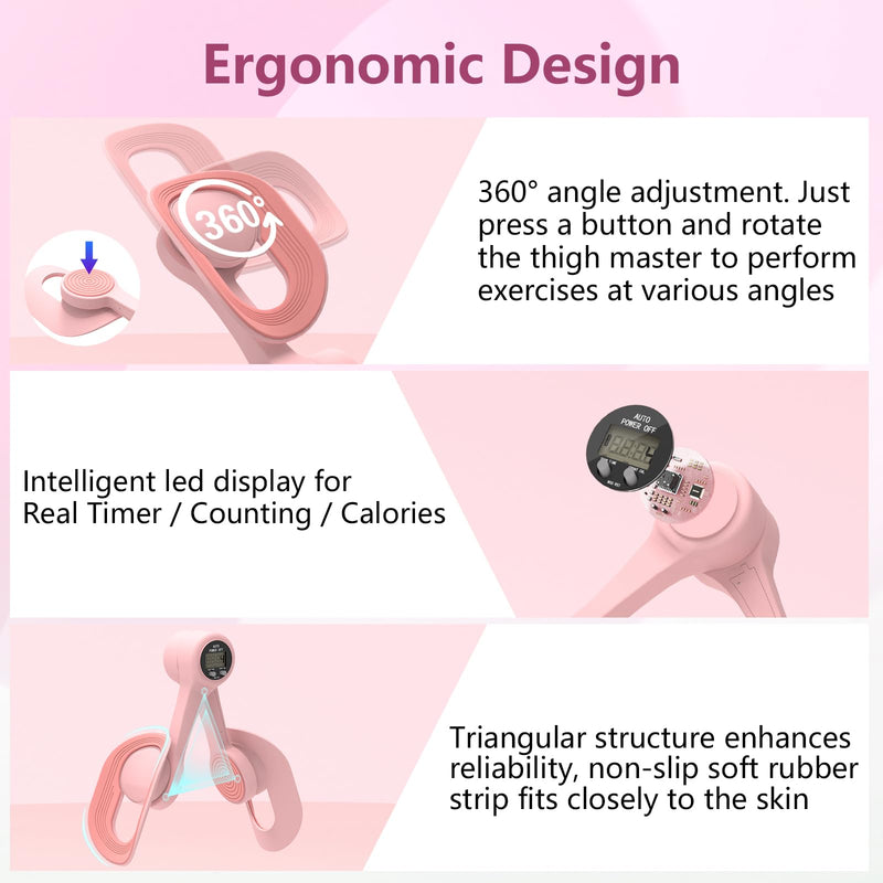 Thigh Trainer, 360°Adjustable Pelvic Floor Muscle Trainer with LED Display, Inner Thigh Exerciser with 20LB Resistance Band for Women, Home Fitness Equipment for Hip, Leg, Arm Pink