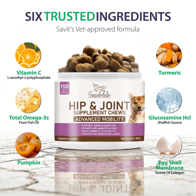 Joint Care Chews for Dogs-Hip and Joint Supplement for Dogs to Actively Support Mobility-High Levels of Glucosamine, Green Lipped Mussels, Omega 3 and Turmeric-150 Soft Chews
