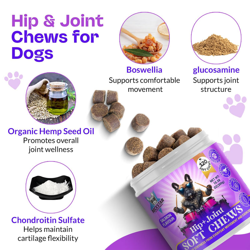 Hip+Joint Soft Chews for Dogs | Salmon Flavour | Daily Support with Chondroitin & MSM | Relieves Stiffness & Promotes Mobility-Perfect for Small, Medium & Large Dogs