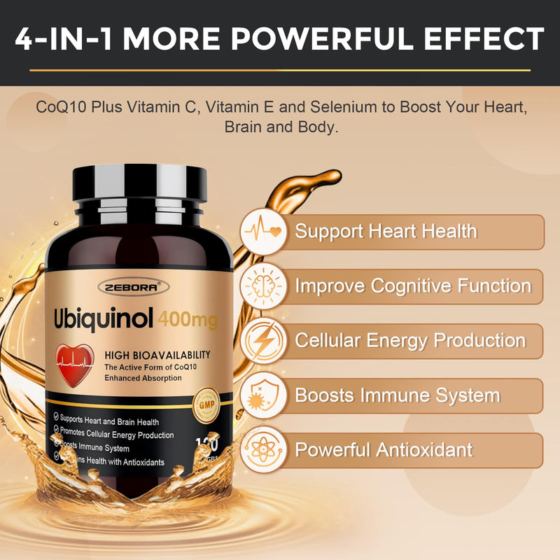 ZEBORA Ubiquinol CoQ10 400mg Softgels, 120 Servings | 4-in-1 Powerful Antioxidant, Heart and Vascular Health, Essential for Energy Production, Max Absorption Active Form of CoQ10 120 Count (Pack of 1)