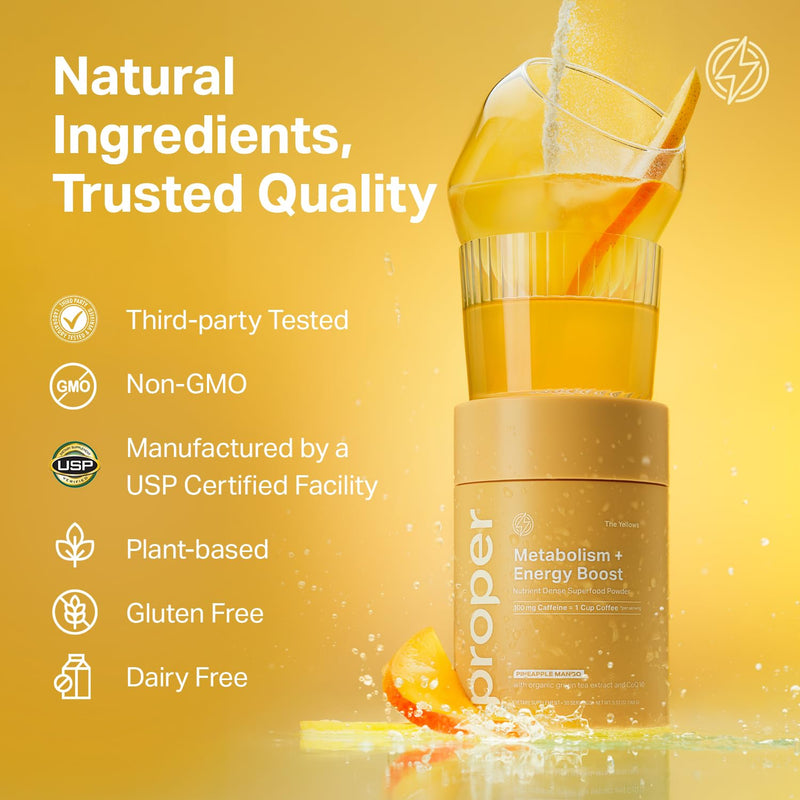 Proper, The Yellows Metabolism and Energy Boost, Sugar Free Energy Drink Powder with 100mg Caffeine. 30 Servings, Pineapple Mango Drink Mix for Men and Women - BeesActive Australia