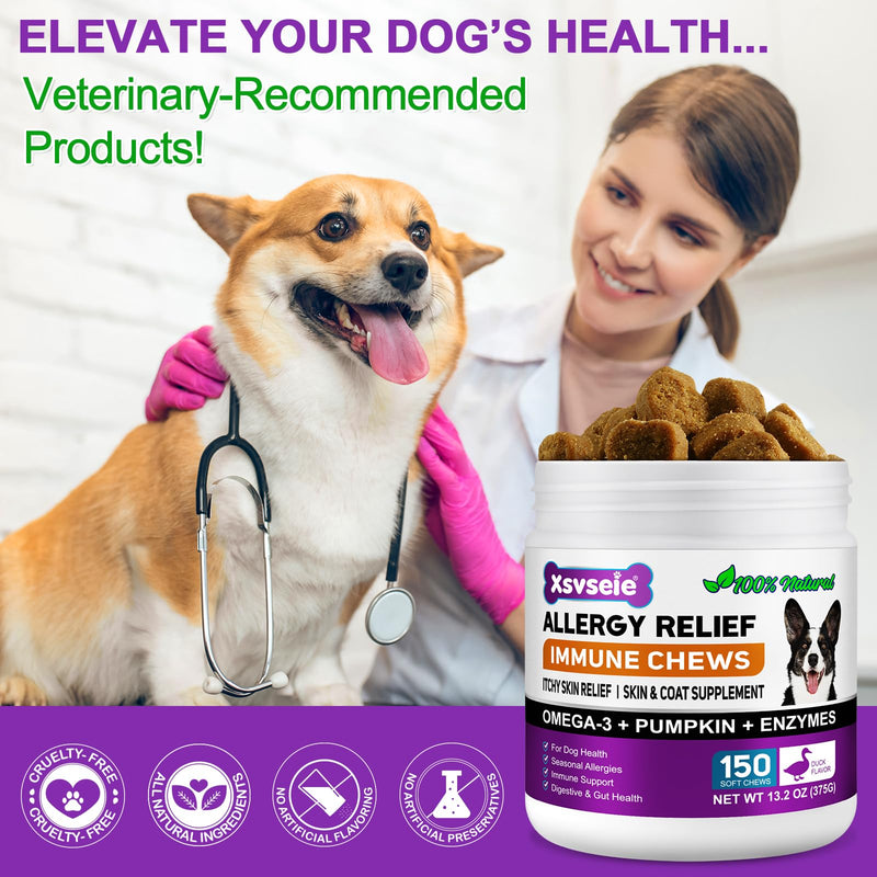 Dog Allergy Relief Chews for Itchy Skin & Immune Support - 150 Soft Chews | Stops Itching, Licking, Scratching & Shedding | Seasonal & Environmental Allergies Relief | Peking Duck Flavor 375g (1Pcs) 1Pcs