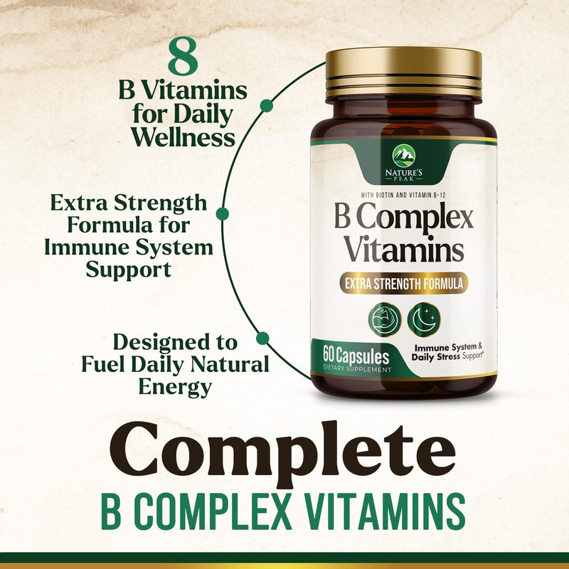 B Complex Vitamin Supplement with Vitamin C & Folic Acid - 60 Capsules | Super B Vitamin Complex - Contains B1, B2, B3, B6, and B12 vitamins for comprehensive nutritional support 60 Count (Pack of 1)