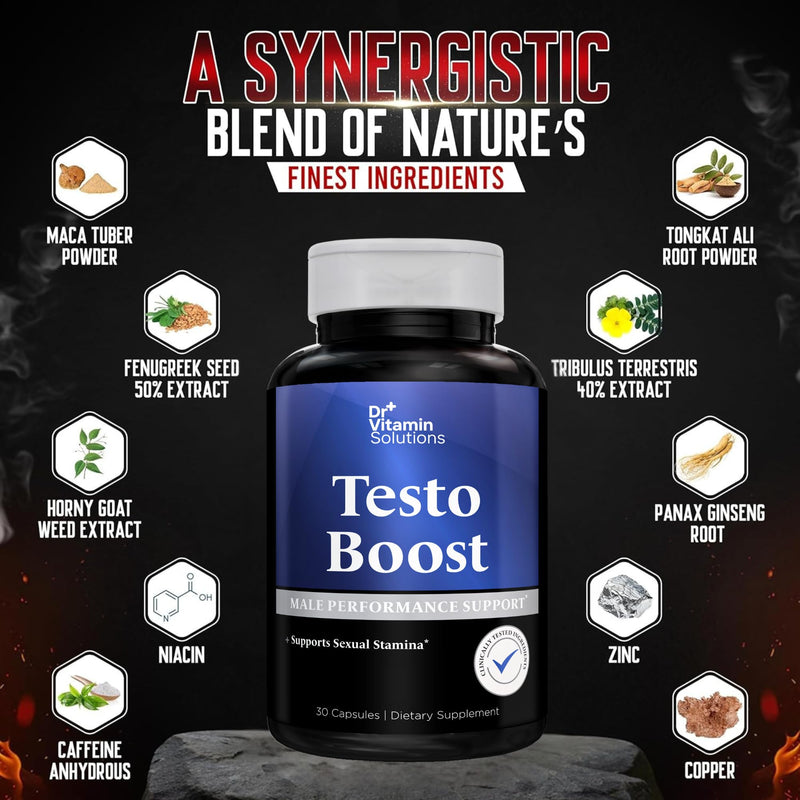 Testosterone Booster Supplement for Men - Tongkat Ali, Once Daily Formula | Horny Goat Weed, Fenugreek, Tribulus, Maca - Energy, Stamina & Libido Support, Strength & Endurance, Non-GMO, 30 Capsules 30 Count (Pack of 1)