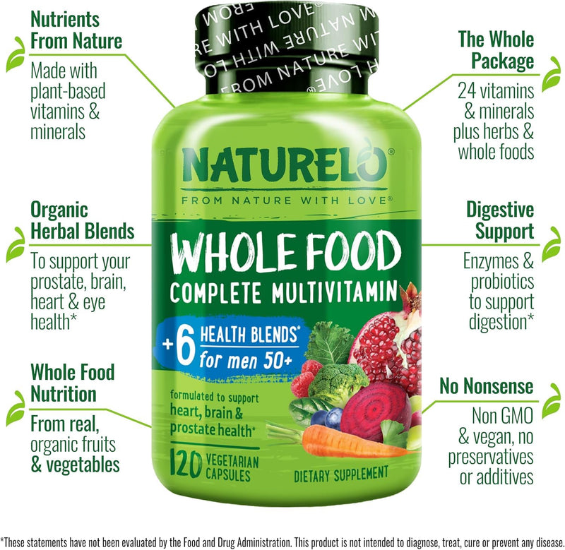 NATURELO Men's Multivitamins 50+, Whole Food Multivitamin for Men 120 Caps | Vitamins, minerals, vegetarian capsules, energy, brain, heart, eye health* 120 Count (Pack of 1)