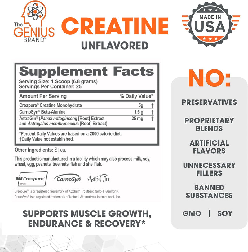 Genius Micronized Creatine Monohydrate Powder, Post Workout Supplement, Unflavored - 100% Naturally Flavored & Sweetened - Supports Muscle Building, Cellular Energy & Cognitive Function – 170g - BeesActive Australia