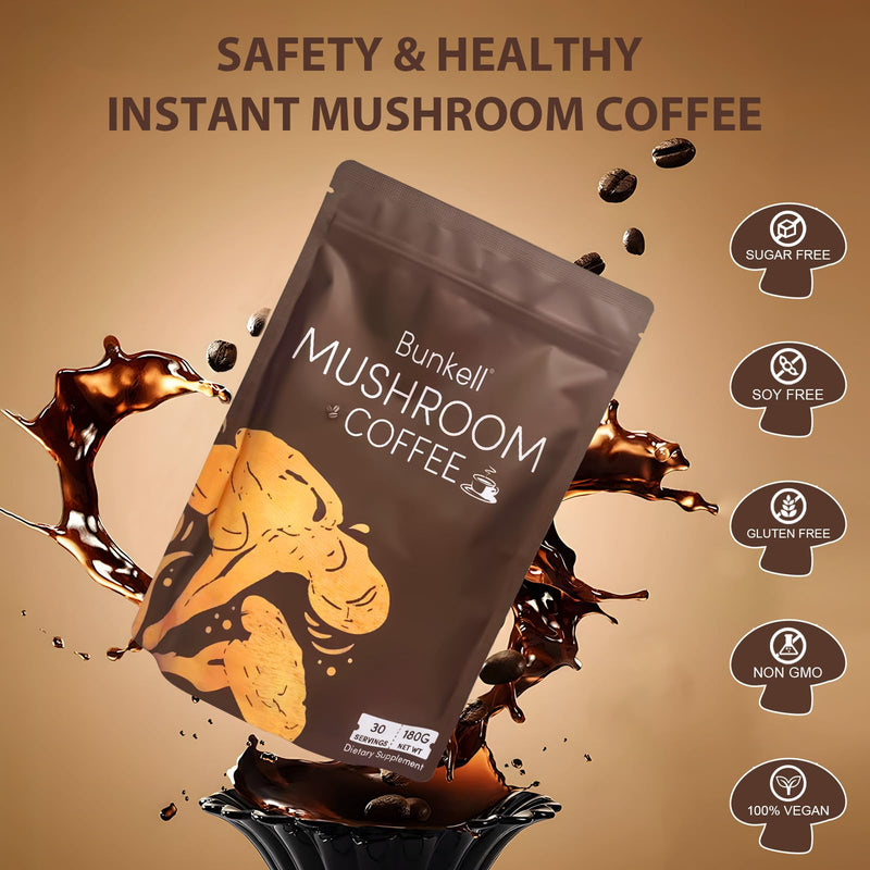 Mushroom Coffee, Adaptogenic 6 Mushrooms with Lion's Mane, Reishi, Cordyceps, Shiitake, King Trumpet & Turkey Tail, Instant Coffee Powder for Energy, Digestion & Immune Support, 30 Servings 6.35 Ounce (Pack of 1)