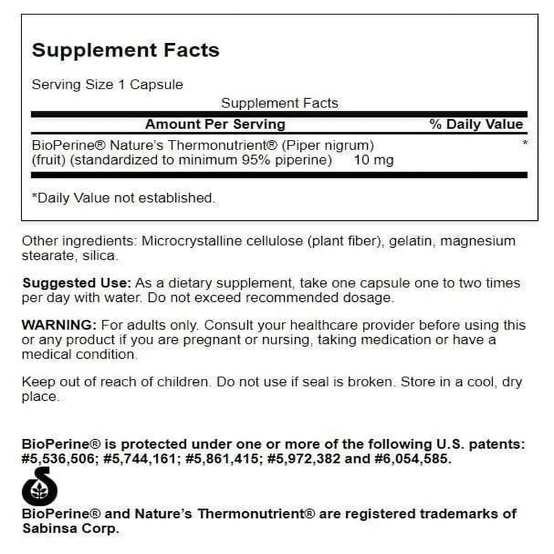 Swanson Bioperine Absorption Enhancer 10 mg, 60 Capsules, 2 Pack | Dramatically Enhance the Absorption of Whole Food and Dietary Supplements; Improves the Bioavailability of Nutrients 60 Count (Pack of 2)