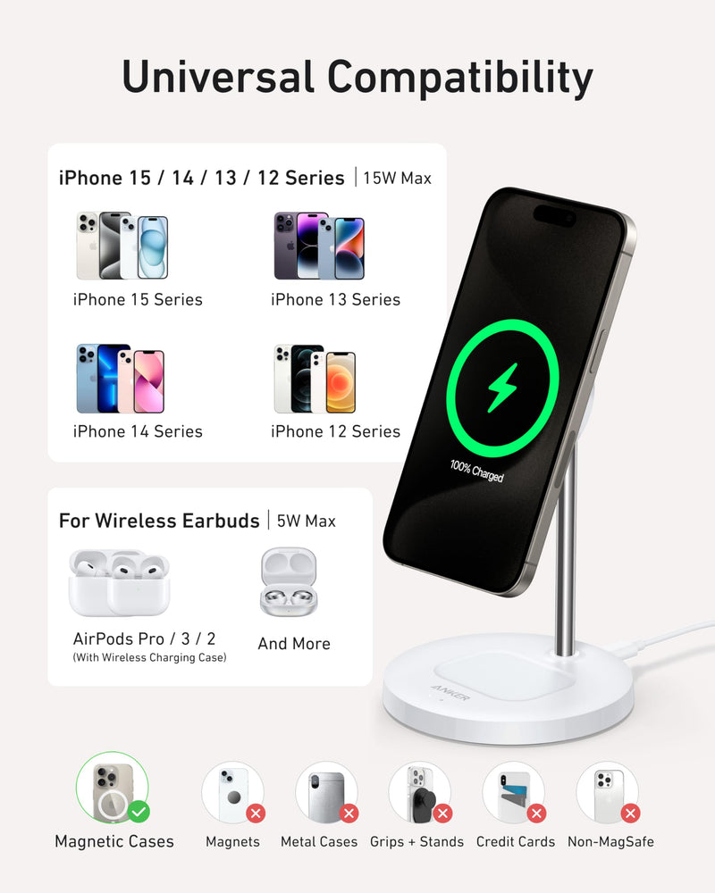Anker MagSafe Charger Stand Compatible, MagGo 2-in-1 Charging Station, 【Upgraded】 Qi2 Certified 15W Wireless Charger Stand, for iPhone 15/14/13/12, AirPods Pro White - BeesActive Australia